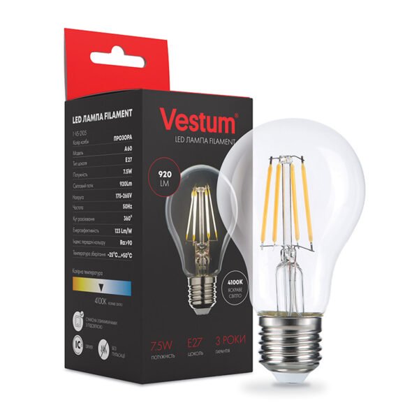 Лампа LED Vestum філамент А60 Е27 7,5Вт 220V 4100К