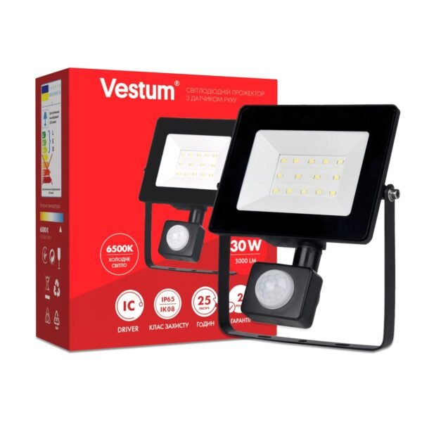 Світлодіодний прожектор з датчиком руху Vestum 30W 2 400Лм 6500K 175-250V IP65
